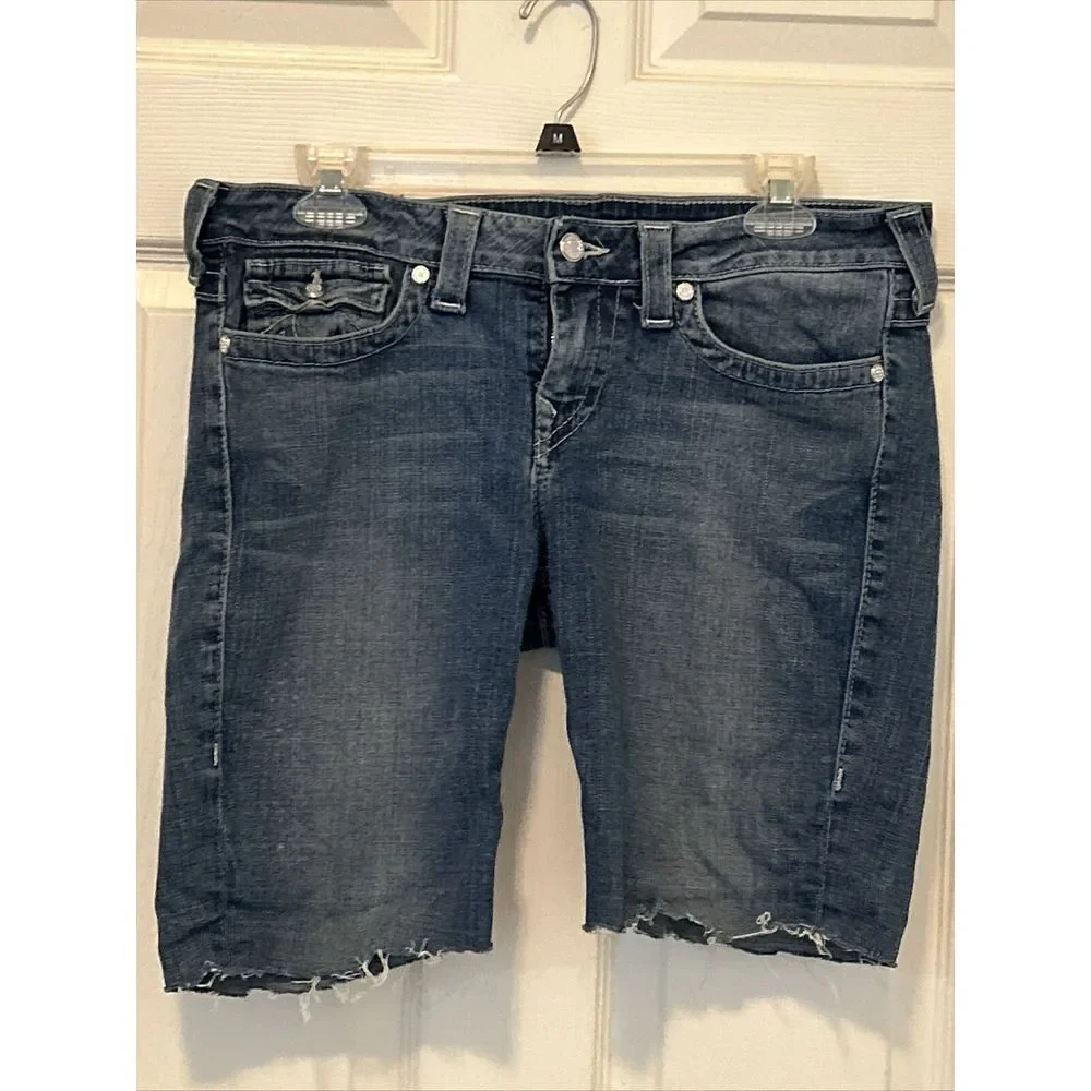 True Religion Blue Bling Raw Hem Cut Off Jean Shorts‎ 32